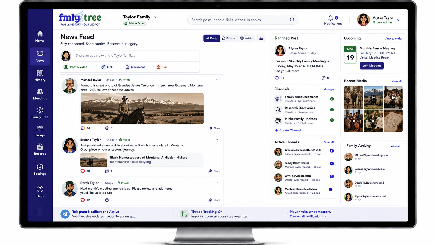 Family group sharing news and links in a social feed
